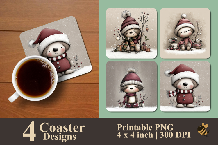 Winter Sloth Coaster Sublimation Design