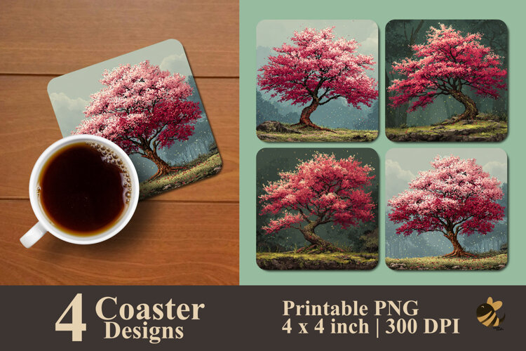 Pixel Art Cherry Blossom Tree Coaster Sublimation Design example image 1