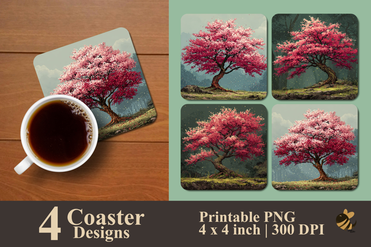 Pixel Art Cherry Blossom Tree Coaster Sublimation Design