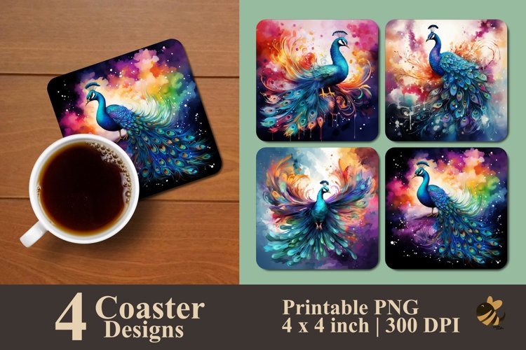 Beauty Peacock Coaster Sublimation Designs example image 1