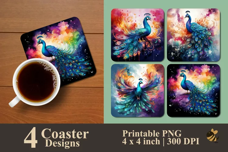 Beauty Peacock Coaster Sublimation Designs