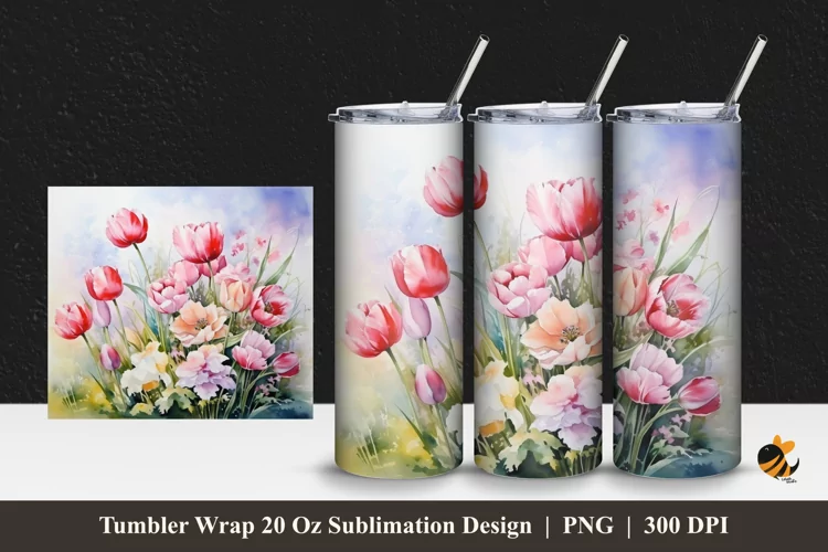 Watercolor Tulip Tumbler Wrap Sublimation Design 1