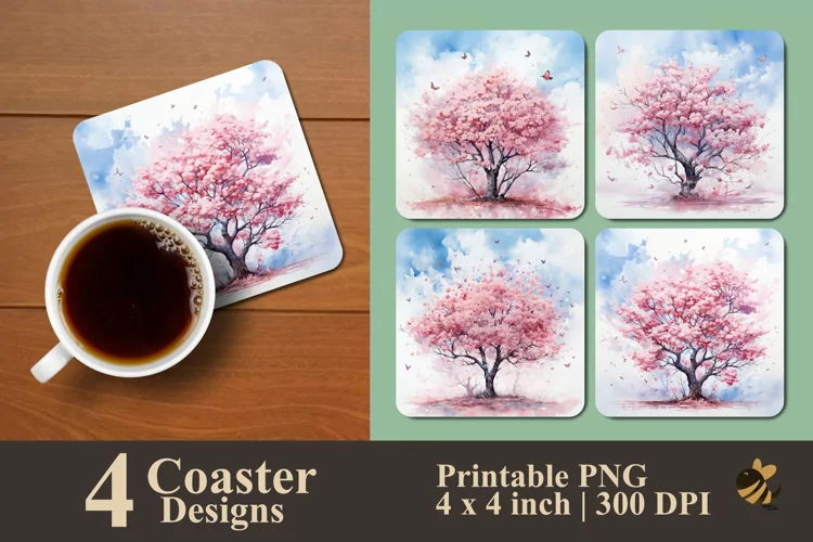 Painting Pink Tree Coaster Sublimation Designs