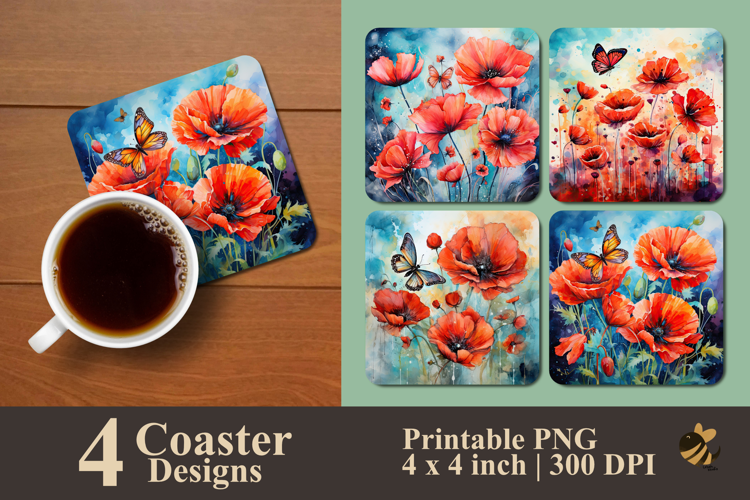 Watercolor Poppy Butterfly Coaster Sublimation Design