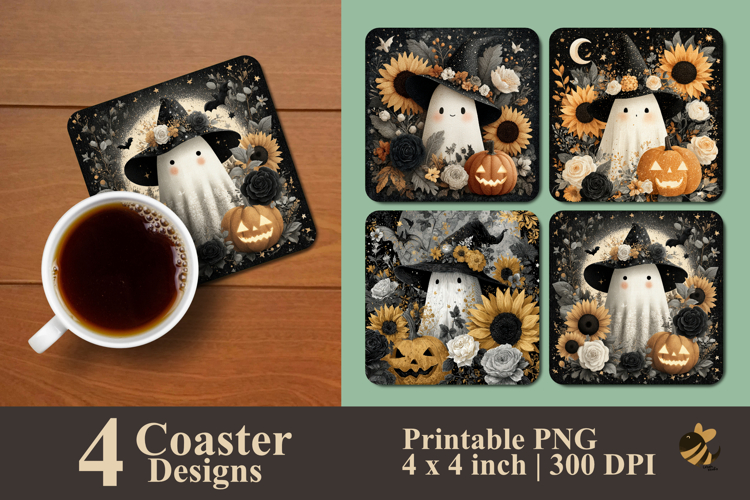 Halloween Ghost With Flower Coaster Sublimation Design