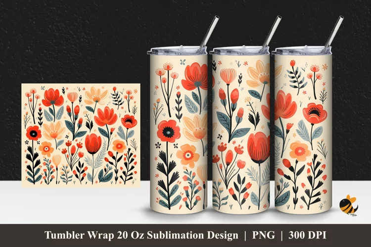 Retro Flowers Tumbler Wrap Sublimation Design 1