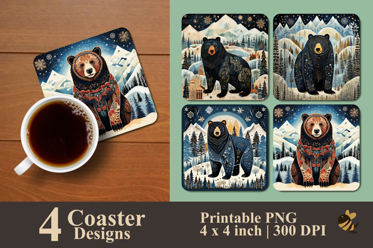 Folk Art Winter Bear Coaster Sublimation Design