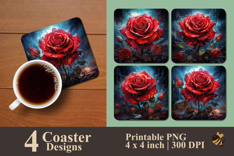 Painting Scarlet Sunset Rose Coaster Sublimation Design