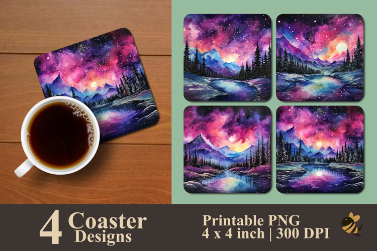 Landscape Pine Forest With Aurora Coaster Sublimation Design