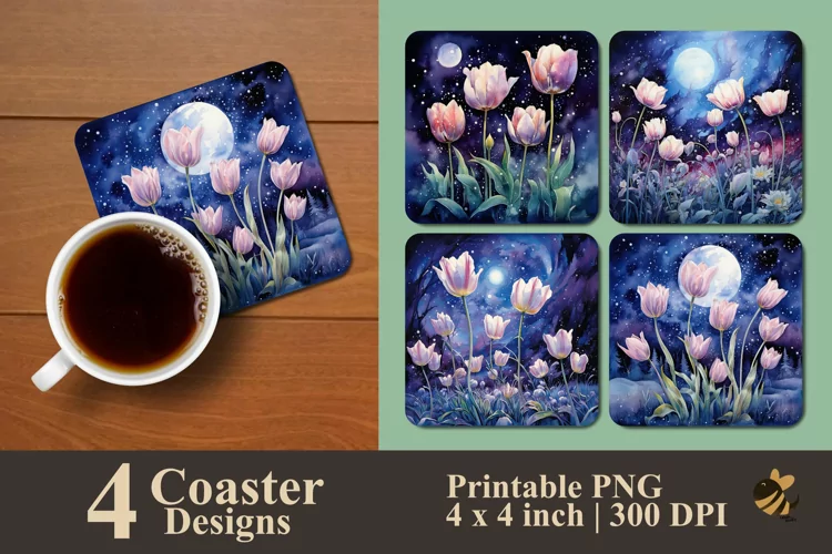 Flower At Night Coaster Sublimation Designs