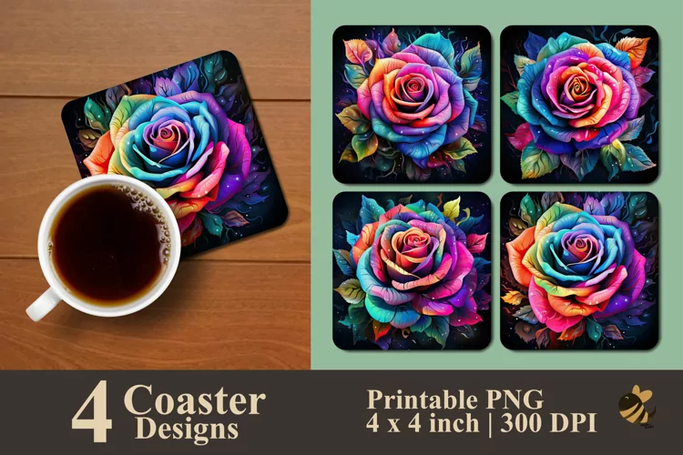 Rainbow Rose Coaster Sublimation Designs