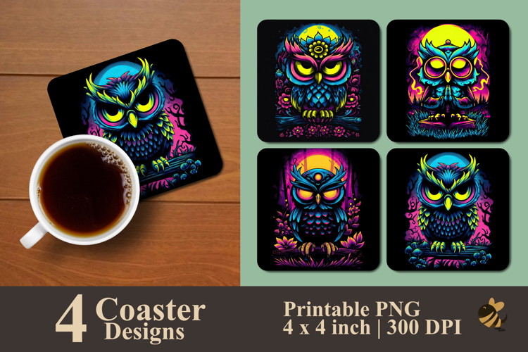 Neon Owl Bird Coaster Sublimation Design