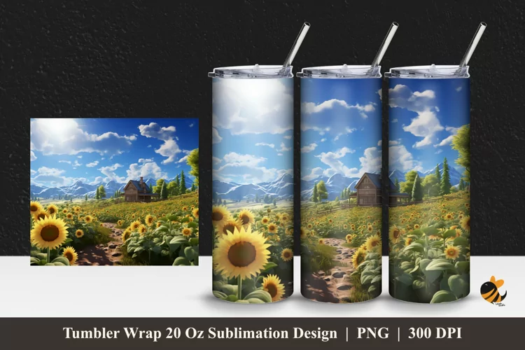 Landscape Sun Flowers Tumbler Wrap Sublimation Design 1