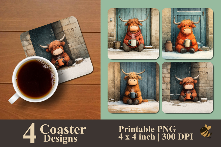 Cozy Cow With A Cup Coaster Sublimation Design