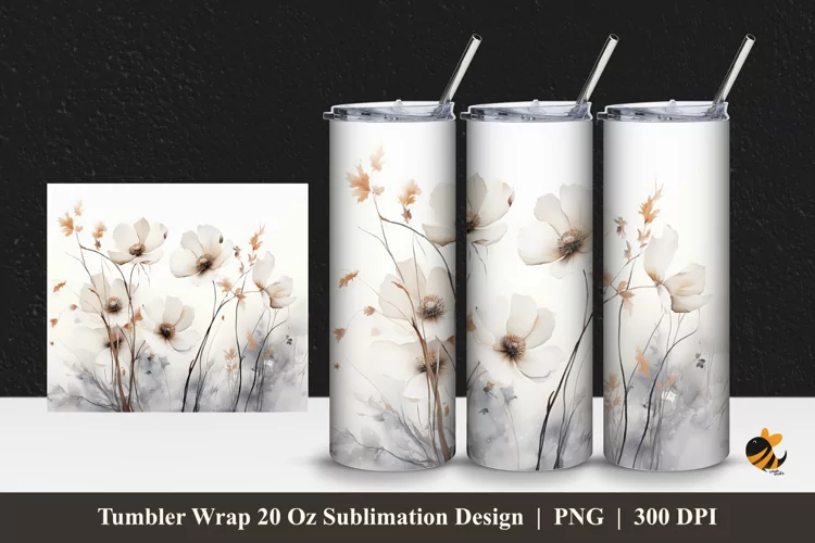 White Flower Tumbler Wrap Sublimation Design 1