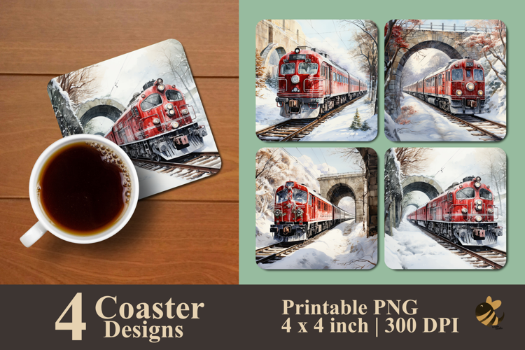 Winter Red Train Coaster Sublimation Design