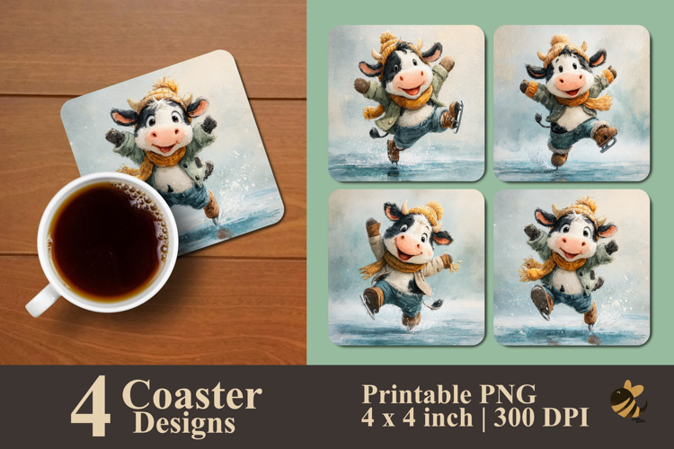 Ice Skating Moo Coaster Sublimation Design