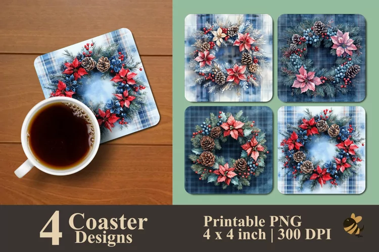 Winter Pine Wreath Coaster Sublimation Designs