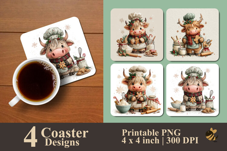 Cute Highland Cow Chef Coaster Sublimation Design example image 1