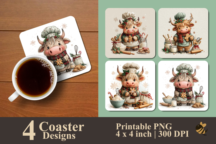 Cute Highland Cow Chef Coaster Sublimation Design