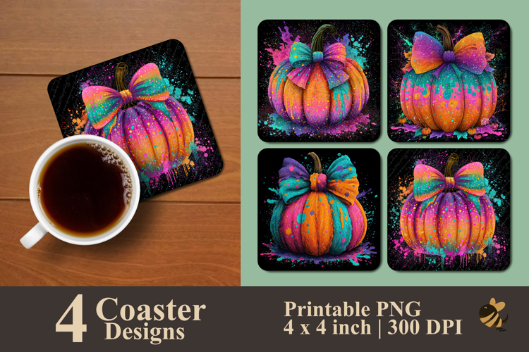 Colorful Neon Pumpkin Coaster Sublimation Design