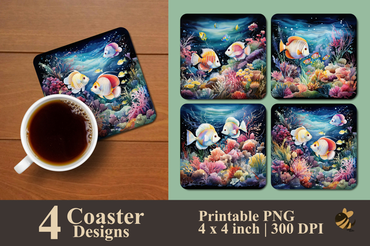 Rainbow Fish Coral Coaster Sublimation Design