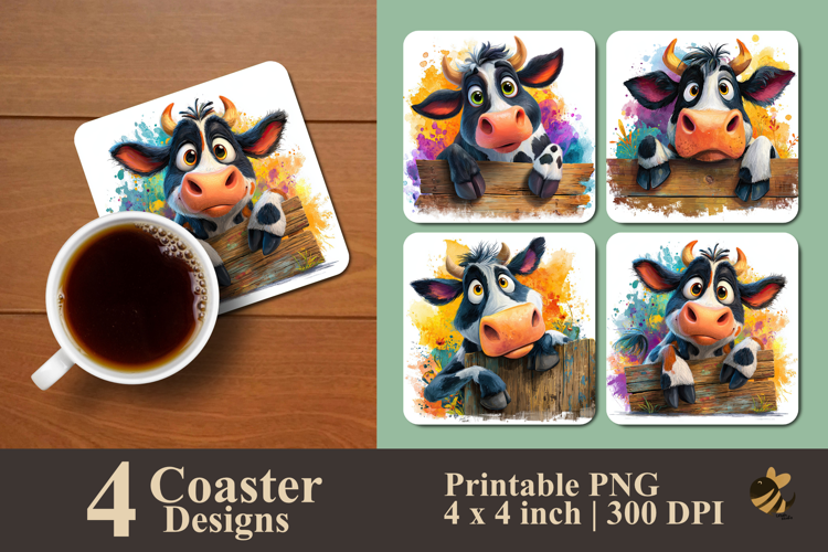 Colorful Cute Cow Peek Coaster Sublimation Design