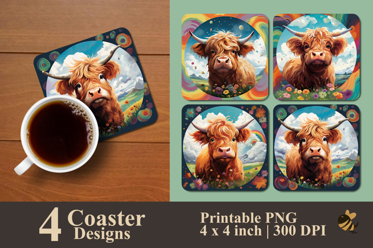 Highland Cow Playground Swirl Coaster Sublimation Design