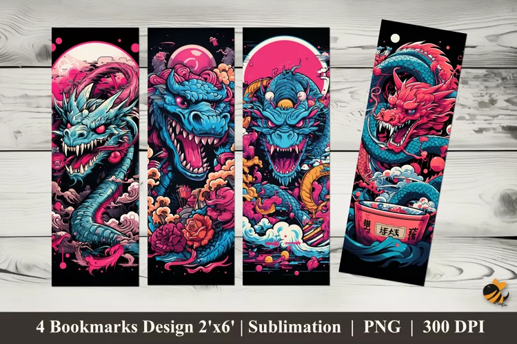 Neon Dragon Bookmarks Sublimation Design