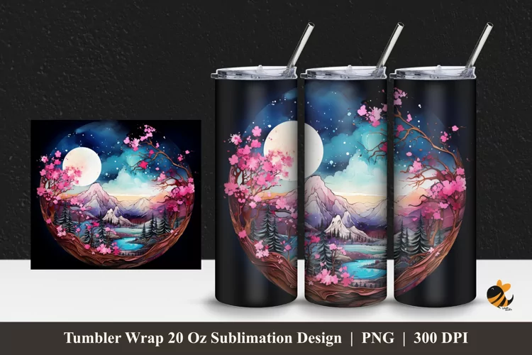 Circular Snowy Mountain Tumbler Wrap Sublimation Design 1