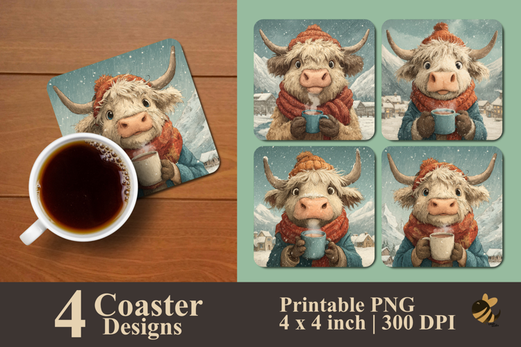 Cute Highland Cow Expression Coaster Sublimation Design