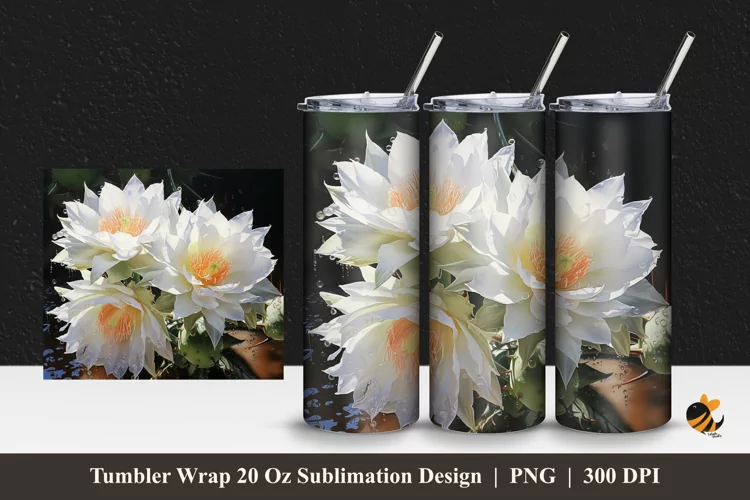 White Flowers Tumbler Wrap Sublimation Design 1
