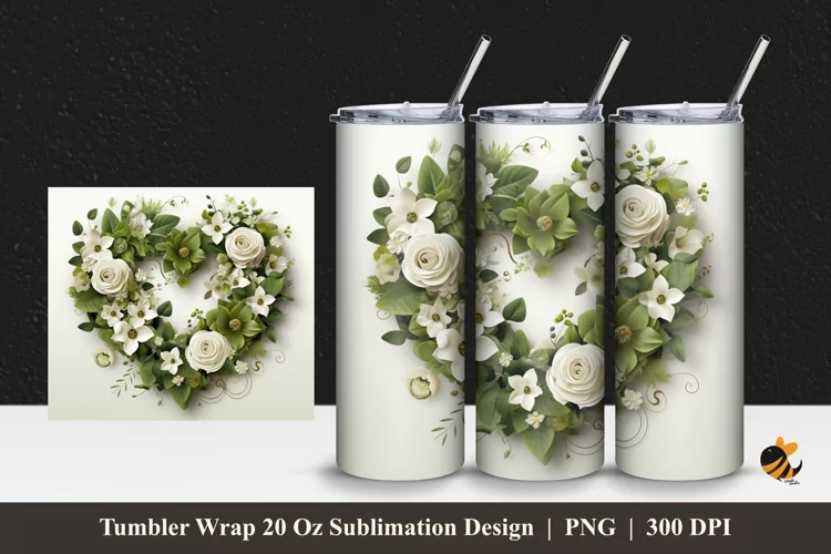 Green Valentine Wreath Tumbler Wrap Sublimation Design 1