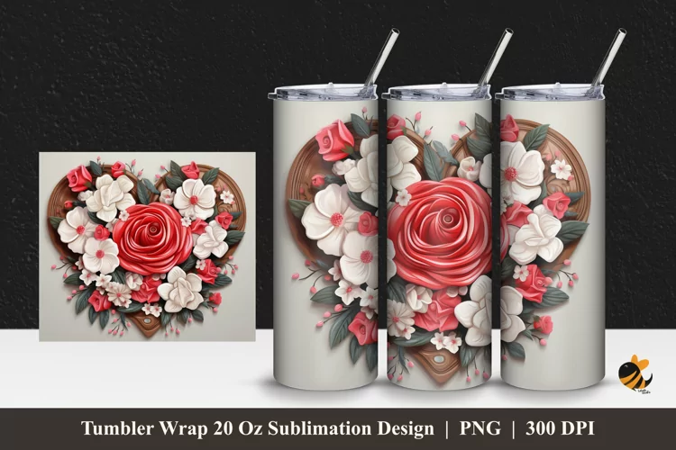 Wooden Love Flower Tumbler Wrap Sublimation Design 1