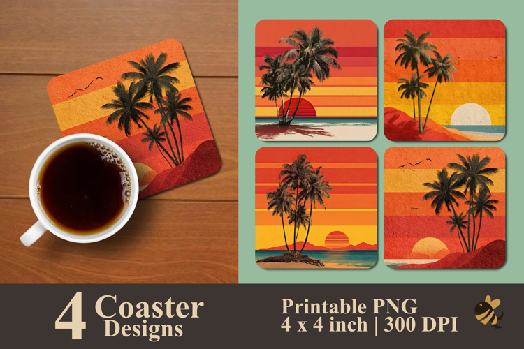 Retro Tropical Sunset Stripes Coaster Sublimation Design