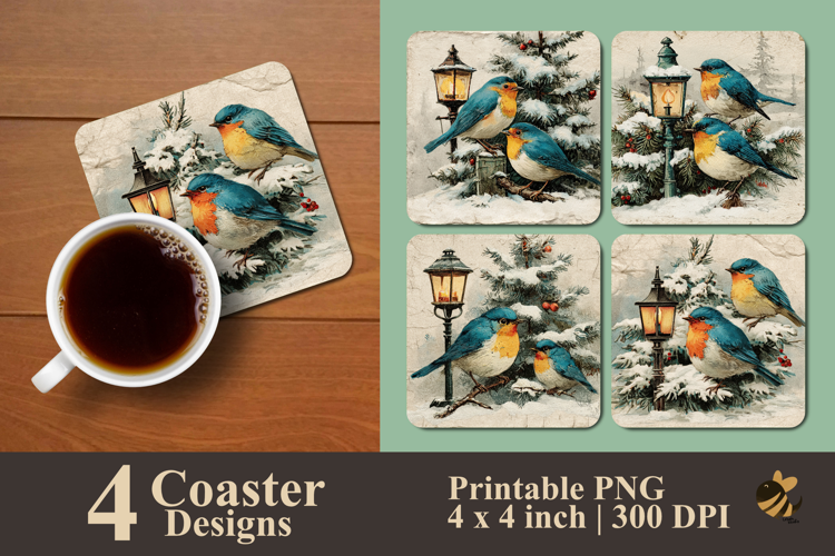 Vintage Winter Bird Coaster Sublimation Design