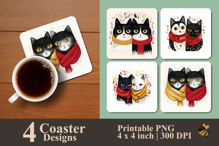 Winter Cat Coaster Sublimation Designs example image 1
