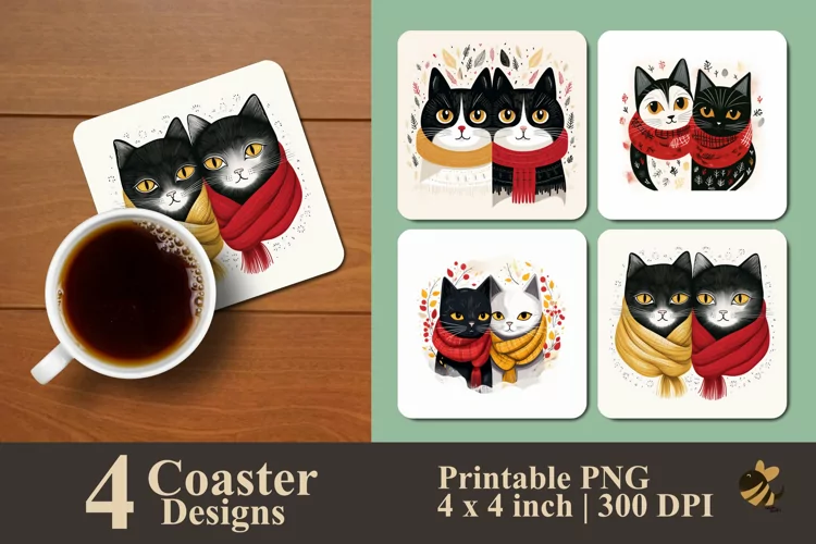 Winter Cat Coaster Sublimation Designs