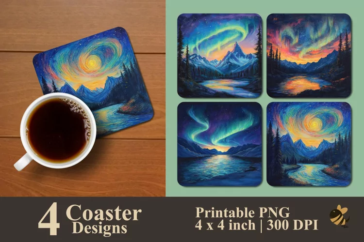 Aurora And Mountain Coaster Sublimation Designs