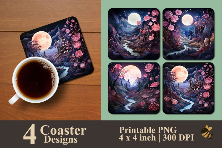Moonlit Roses Coaster Sublimation Design