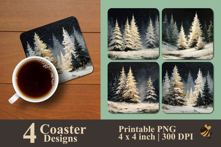 Winter Pine Forest At Night Coaster Sublimation Design