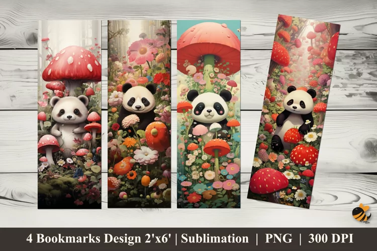 Pandas and Flowers Bookmark Sublimation Design
