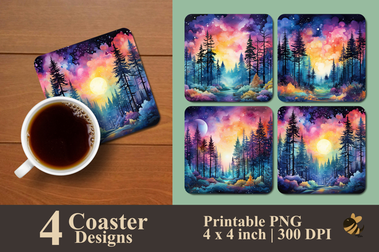 Colorful Sky And Pine Forest Coaster Sublimation Design