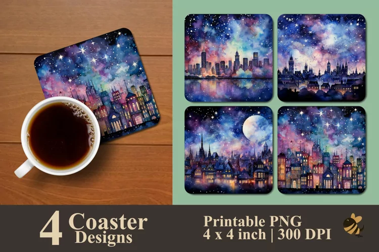 Watercolor City At Night Coaster Sublimation Designs