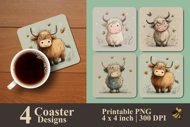 Highland Cow Playing With Butterflies Coaster Sublimation