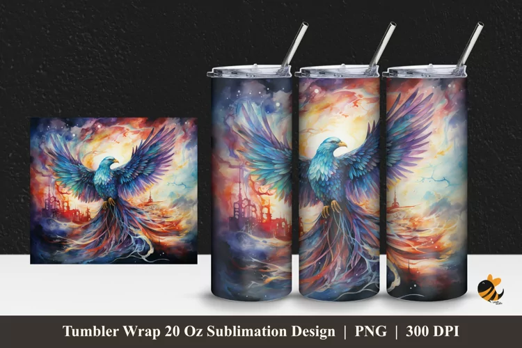 Watercolor Phoenix Tumbler Wrap Sublimation Design 1