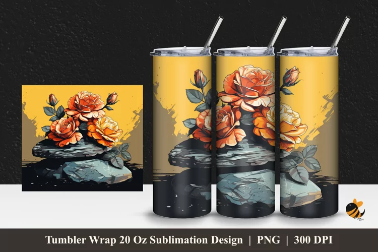 Sketch Rock And Rose Tumbler Wrap Sublimation Design 1