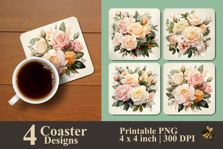Peach Roses Coaster Sublimation Designs