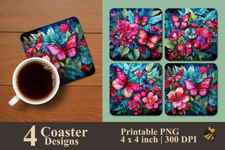 Butterfly And Fuchsia Flowers Coaster Sublimation Design