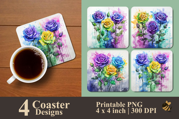 Watercolor Rose With Splash Coaster Sublimation Design